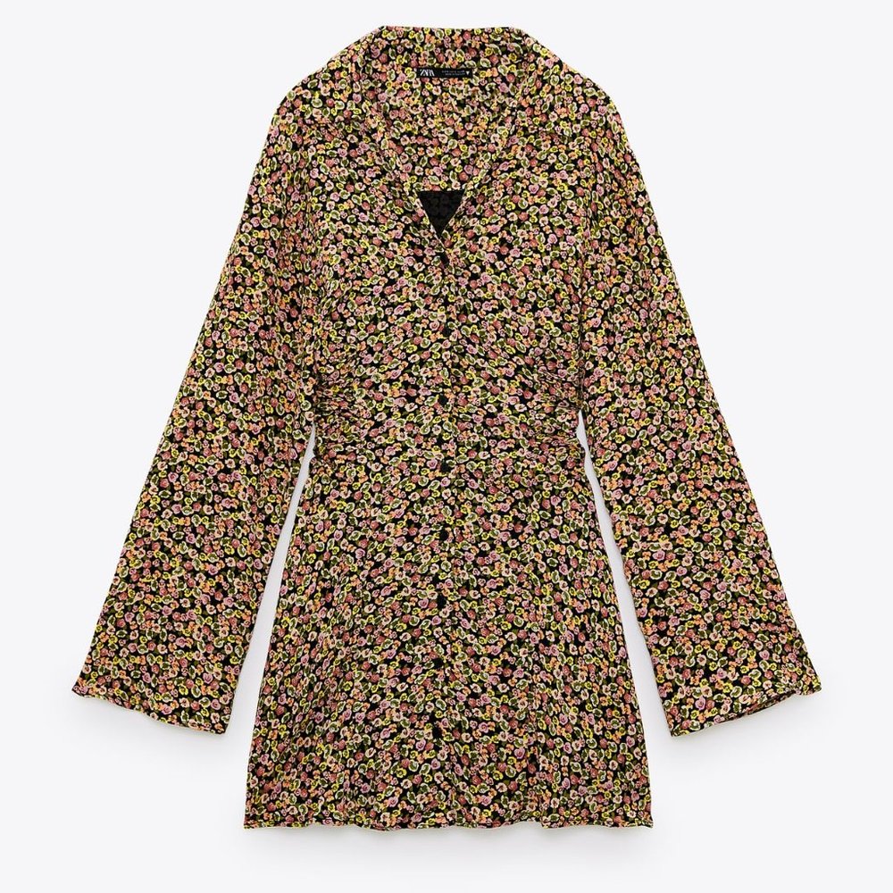 Zara Short Printed Dress, Long Flared Sleeves, XS